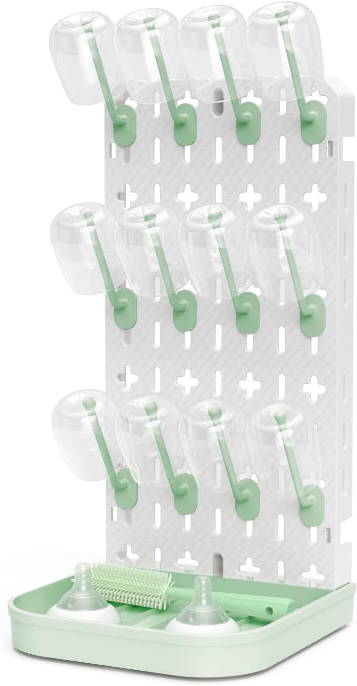CLESOO Baby Bottle Drying Rack Bottle Dryer Rack for 12 Bottle Drying Rack Space Saving Kitchen Countertop Vertical Cup Drainer Rack Detachable Baby Bottle Holder Storage Organizer Pump Part Dryer Rack Green - Image 1
